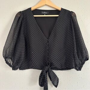Lulu’s Black Cream Polka Dot Tie Cropped Blouse Puff Sleeve Casual Formal Large